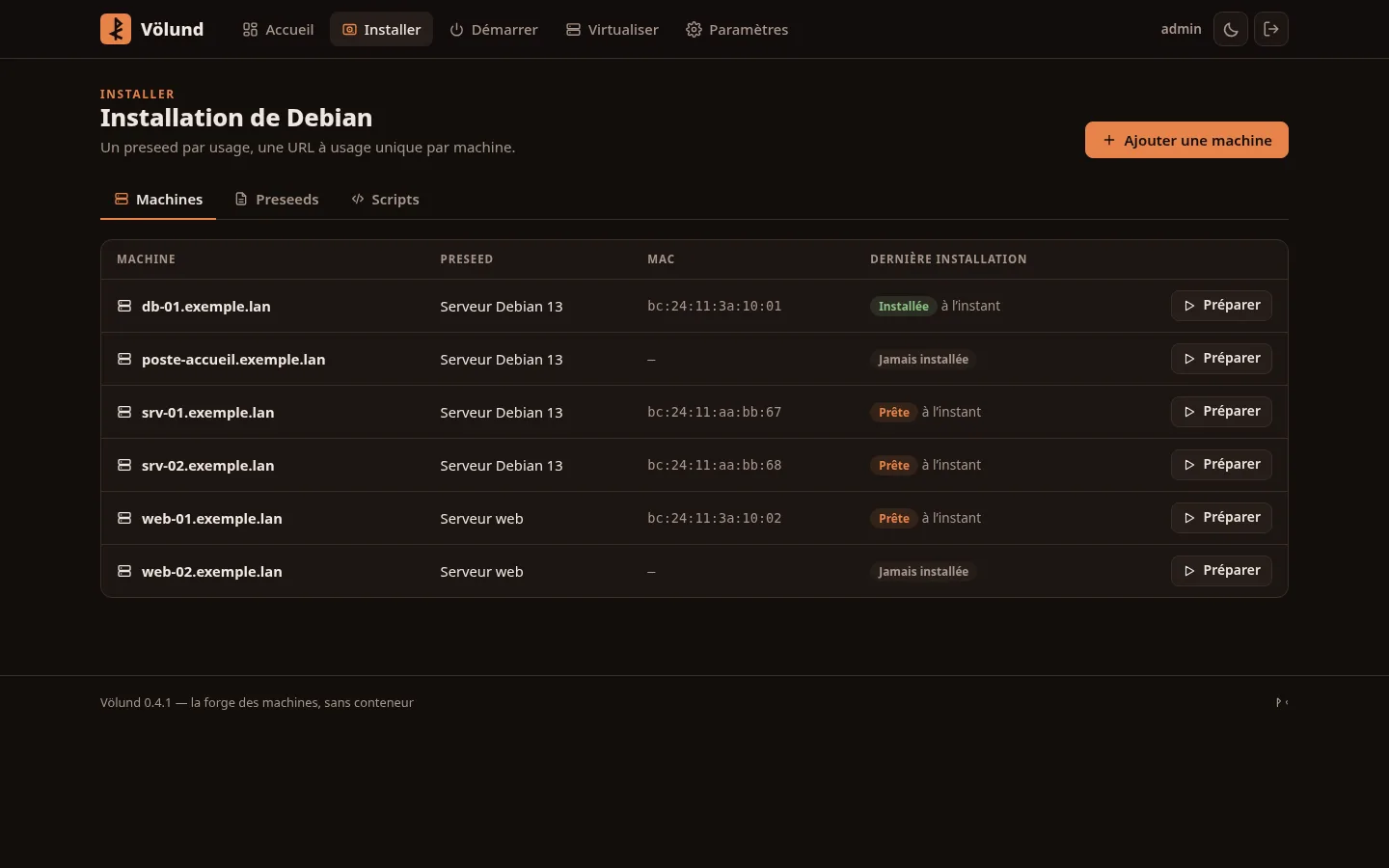 Liste des machines de Völund : nom, preseed, adresse MAC et état de la dernière installation (installée, prête, jamais installée)