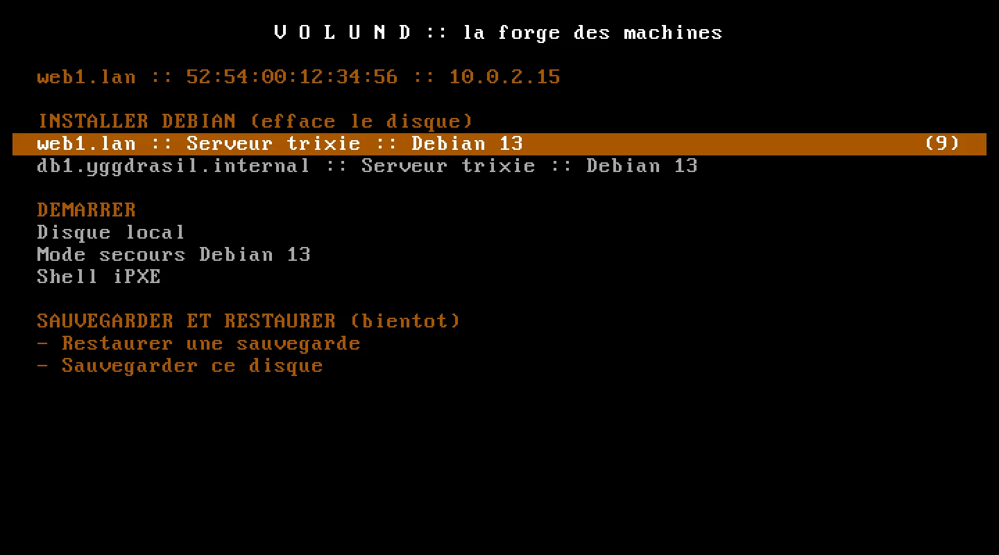 Menu de démarrage réseau de Völund dans une VM : l'installation de la machine est présélectionnée avec un compte à rebours