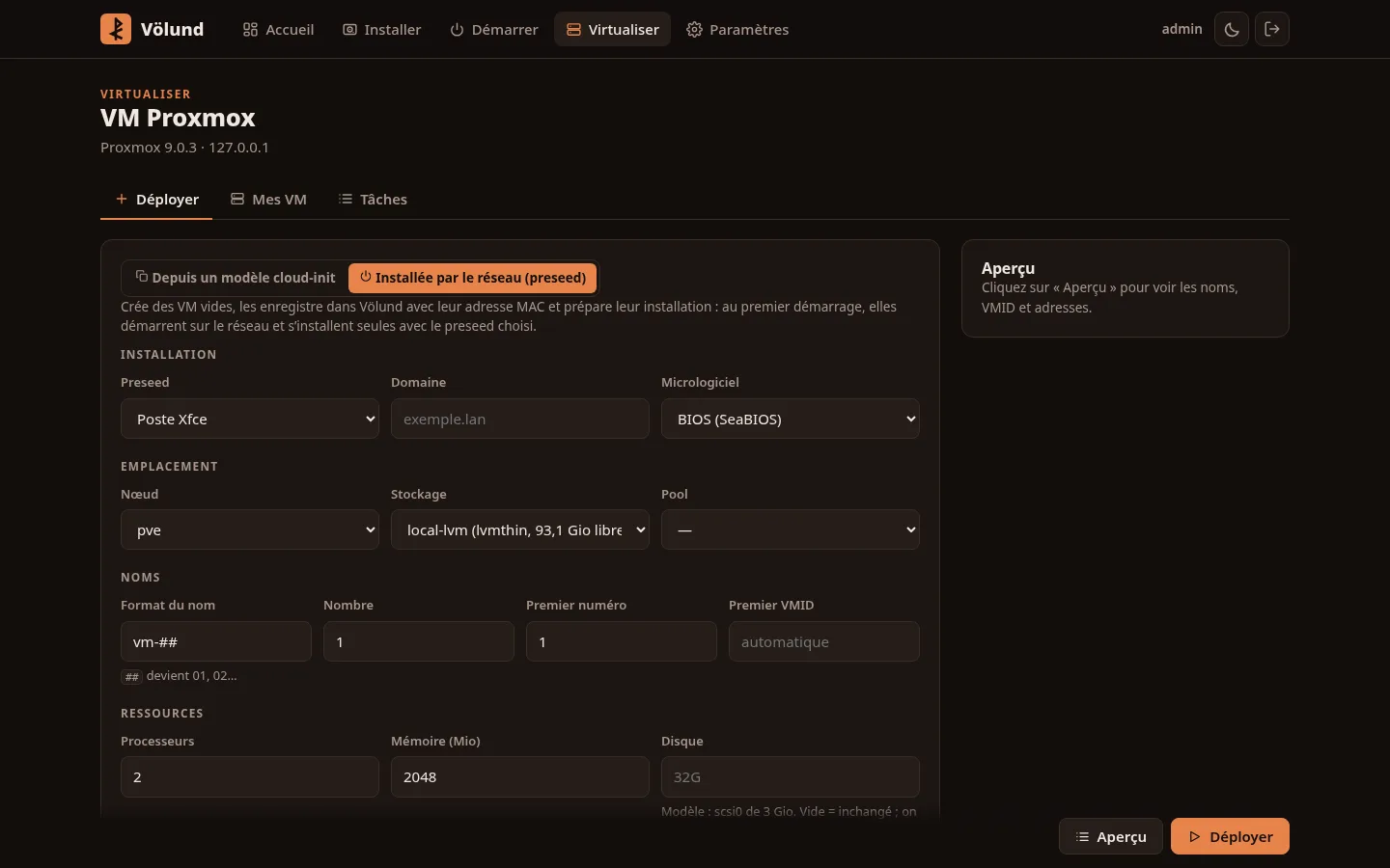 Formulaire de déploiement de VM Proxmox installées par le réseau avec un preseed
